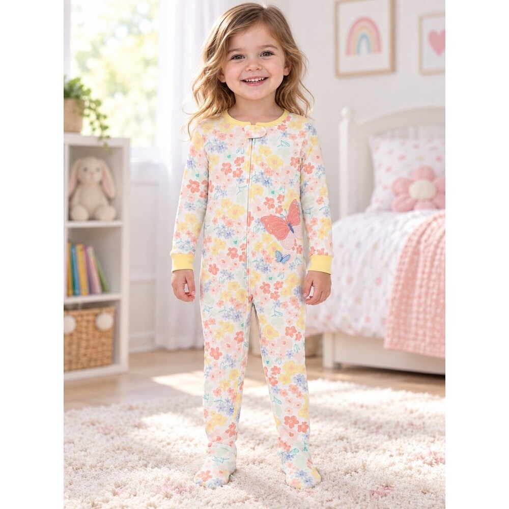 Carter’s Girls Size 3T Floral Butterfly Footed Pajamas Zip-Up Sleeper Yellow...